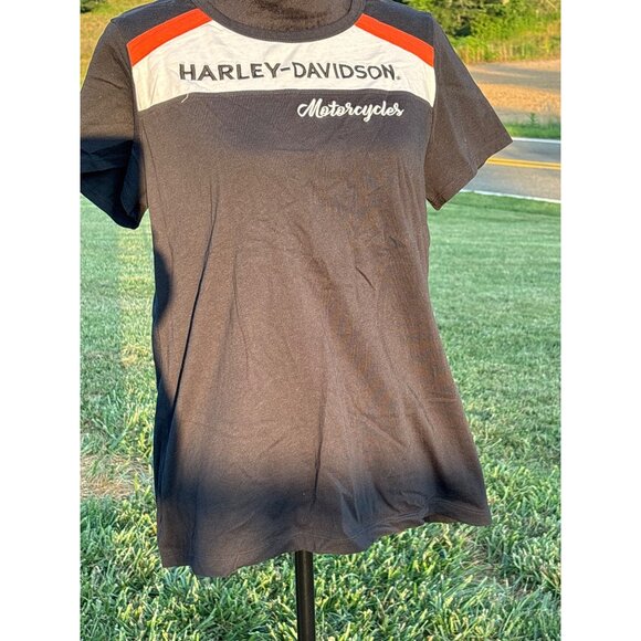 Harley-Davidson Womens Black Tee Embroidered Logo Print Size L Motorcycle Sport - Picture 9 of 9